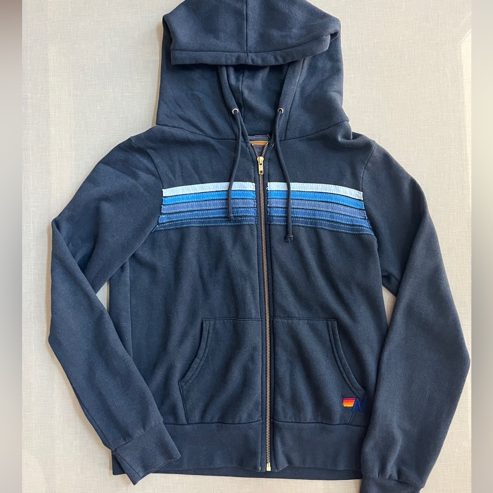 Aviator Nation 5 stripe hoodie charcoal blue stripes